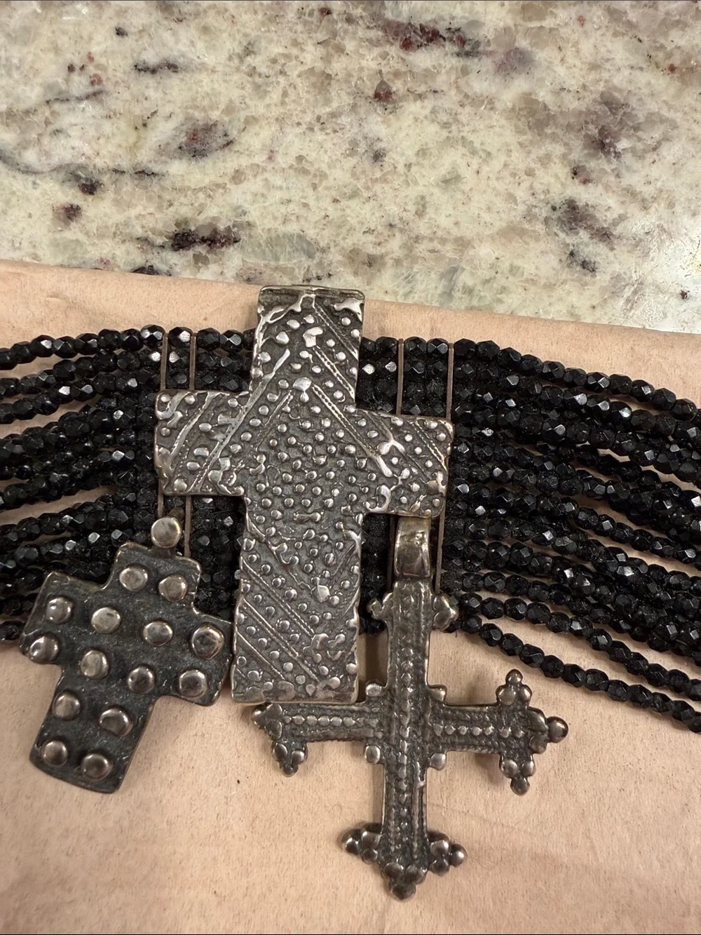 Multi-Strand Black stones with sterling silver Cross Charms - Picture 4 of 7